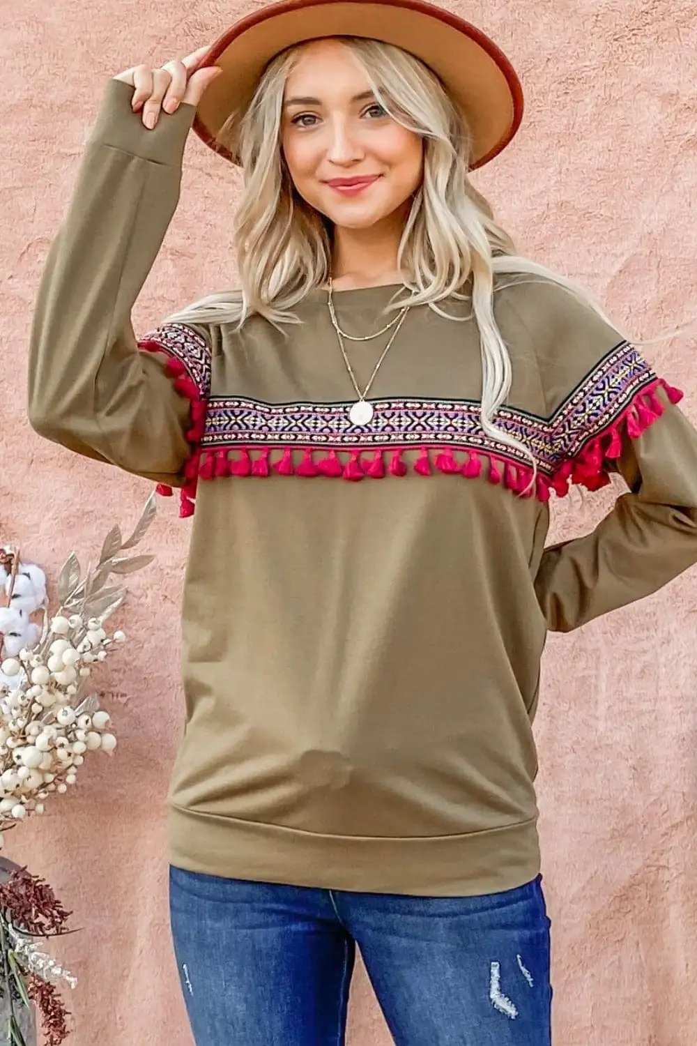 And The Why Ethnic Ribbon Tassel Trim Top - Trendsi - Flyclothing LLC
