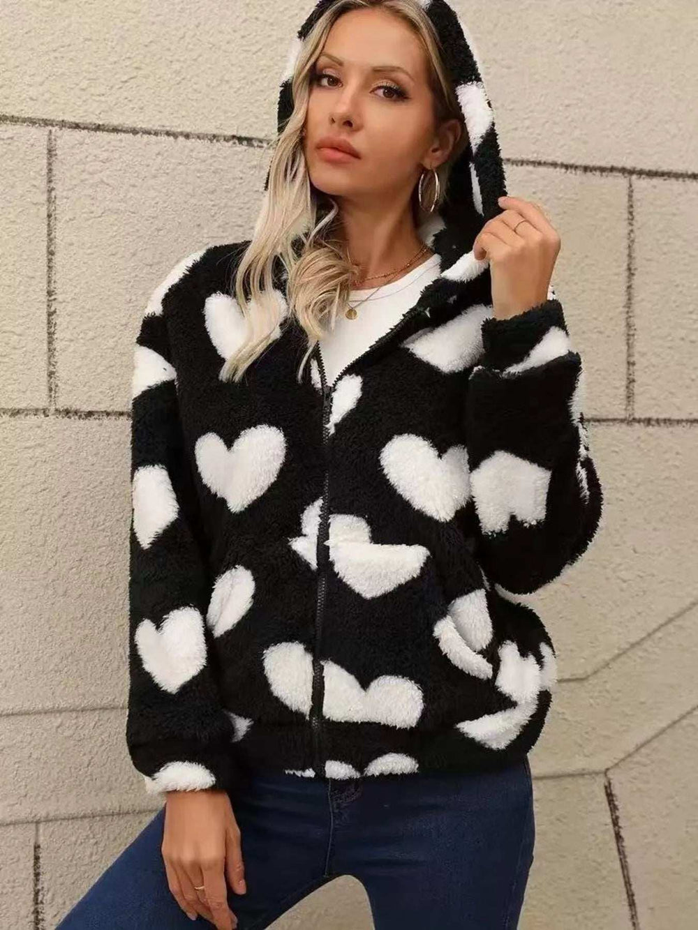 Heart Fuzzy Fleece Zip-Up Outerwear - Trendsi - Flyclothing LLC