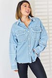 PEACE Raw Hem Dropped Shoulder Denim Top - Trendsi - Flyclothing LLC