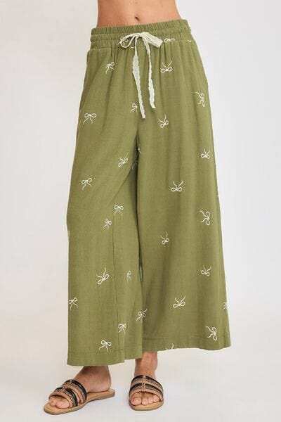 Umgee Full Size Lace Drawstring Embroidered Bow Wide Leg Pants Plus Size - Trendsi - Flyclothing LLC