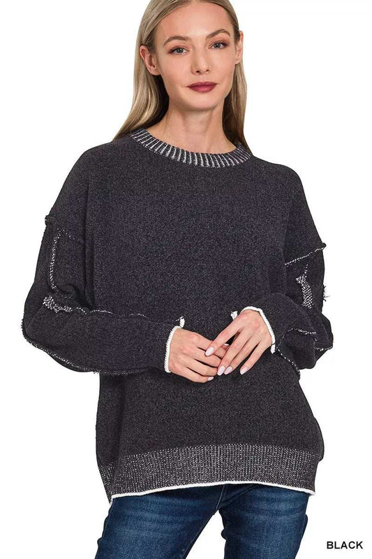 Zenana Exposed Seam Round Neck Two-Tone Sweater - Trendsi - Flyclothing LLC