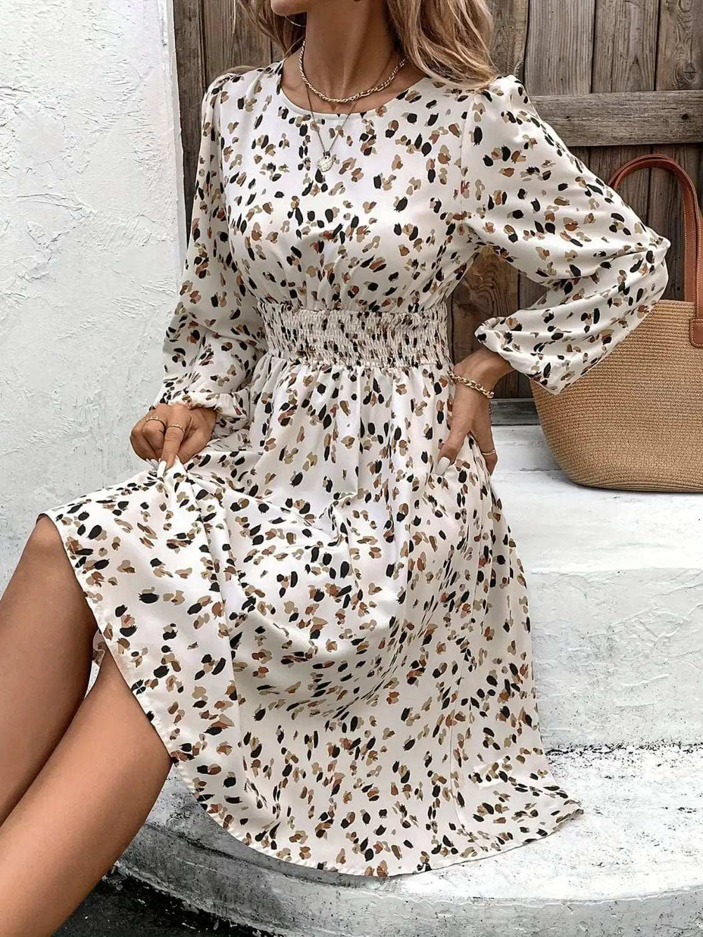 Printed Round Neck Long Sleeve Dress - Trendsi - Flyclothing LLC