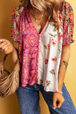 Printed V-Neck Short Sleeve Blouse - Trendsi - Flyclothing LLC