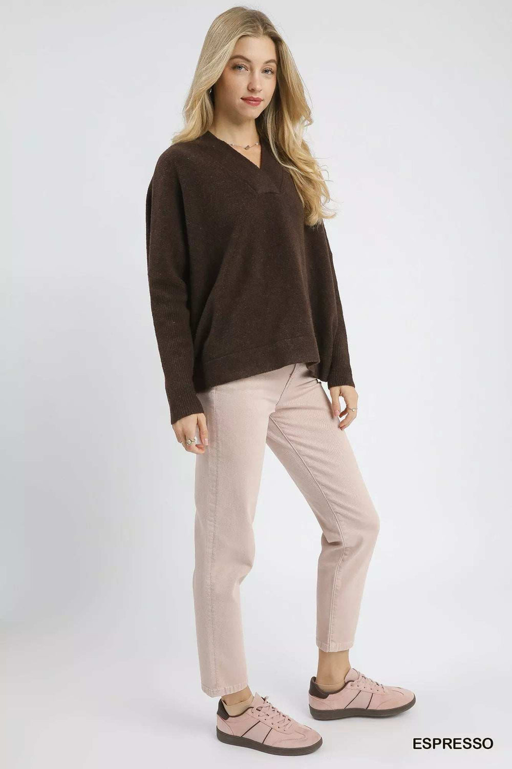 Umgee V-Neck Sweater with Wide Trim Detail - Trendsi - Flyclothing LLC