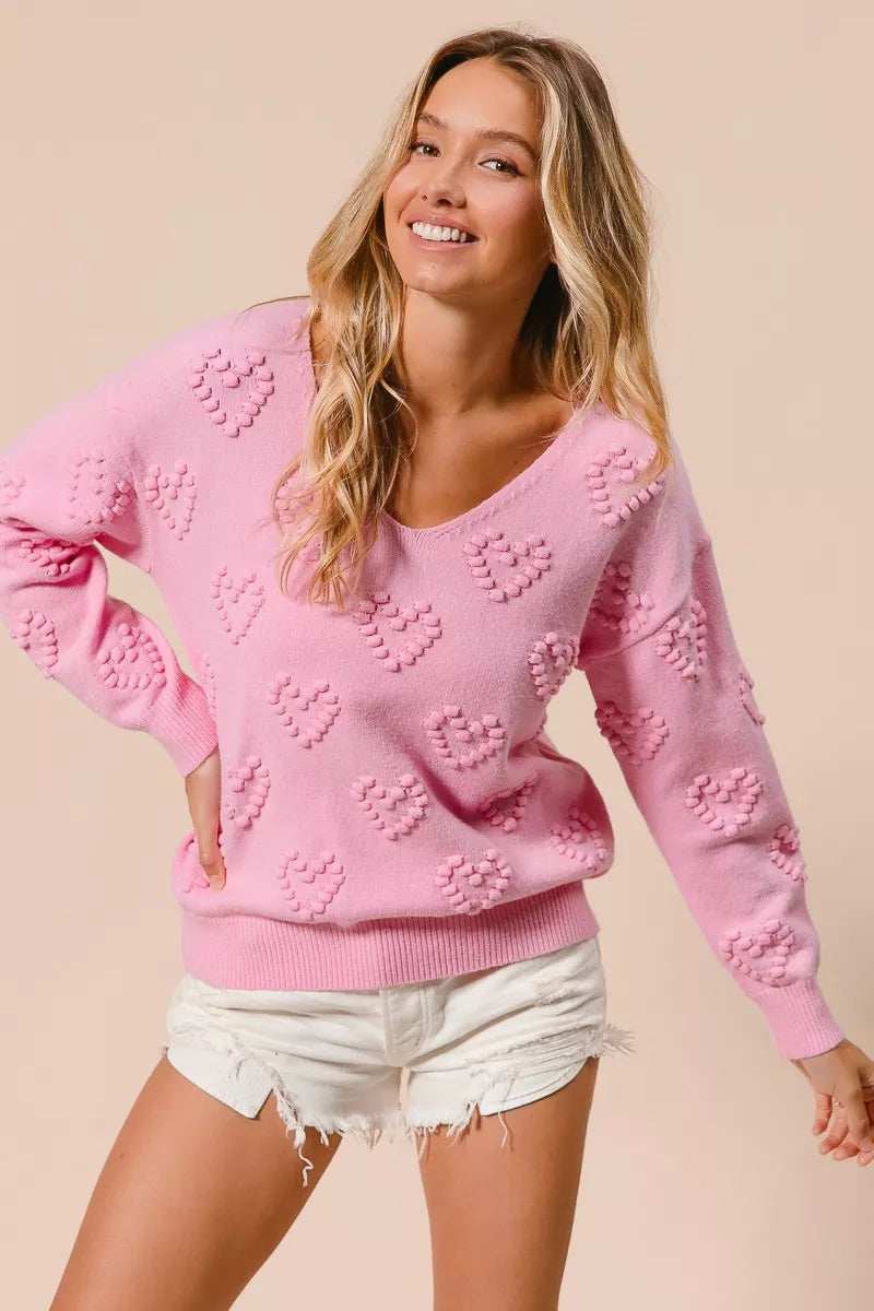 BiBi Valentines Heart Pompom V Neck Knit Top - Trendsi - Flyclothing LLC
