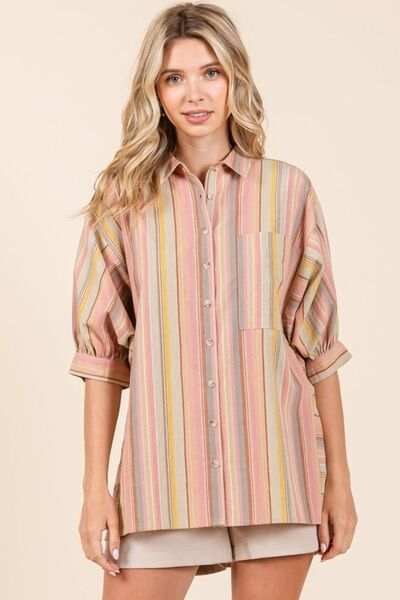 Mittoshop Striped Bubble Sleeve Button Down Shirt - Trendsi - Flyclothing LLC