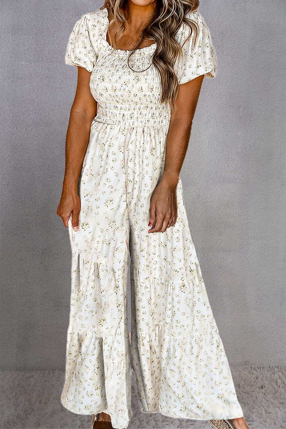 Smocked Printed Short Sleeve Jumpsuit - Trendsi - Flyclothing LLC