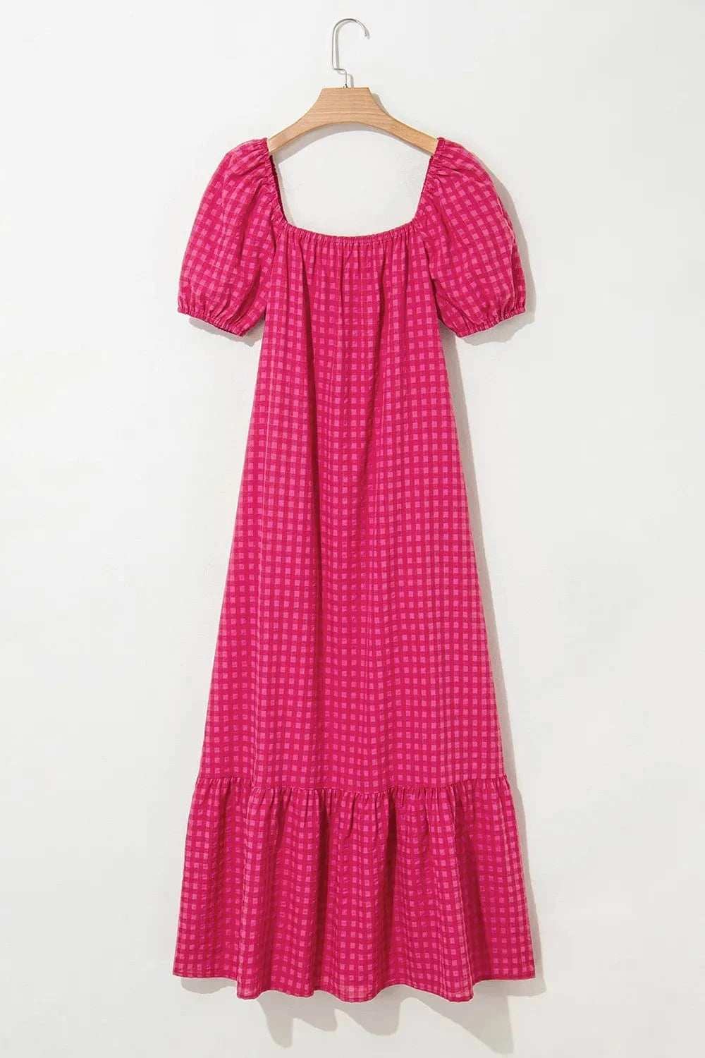 SYNZ Gingham Check Bubble Sleeve Ruffled Maxi Dress - Trendsi - Flyclothing LLC
