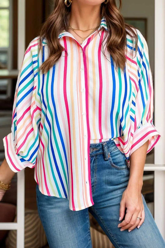 Contrast Stripes Collared Neck Button Up Shirt - Trendsi - Flyclothing LLC