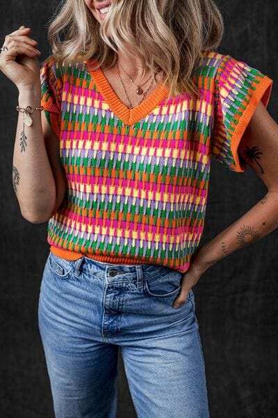 Contrast Striped V-Neck Knit Top - Trendsi - Flyclothing LLC