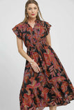 Umgee Mix Ruffle Sleeve Tropical Midi Dress - Trendsi - Flyclothing LLC