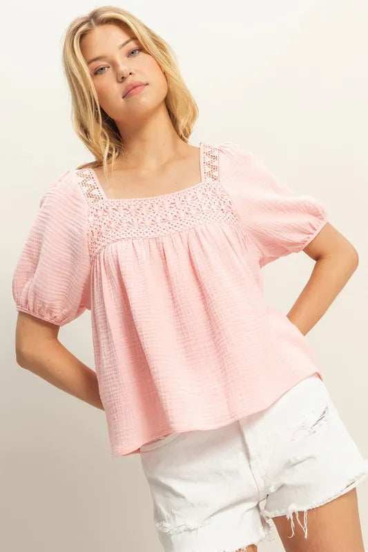 HYFVE Crochet Detail Puff Sleeve Peasant Top - Trendsi - Flyclothing LLC