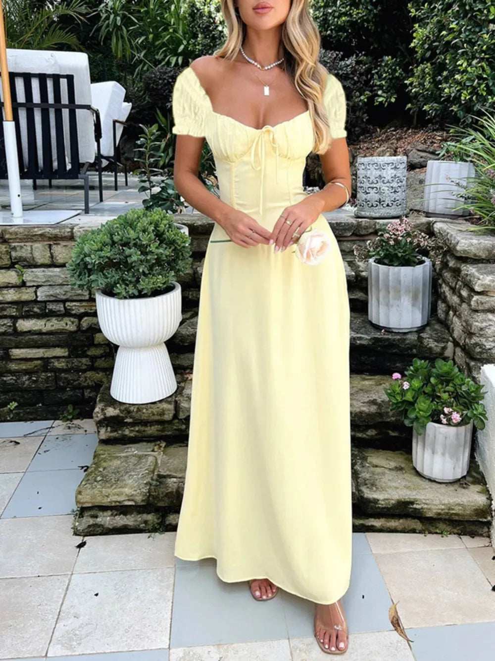 Devine Sweetheart Neck Short Sleeve Maxi Dress - Trendsi - Flyclothing LLC