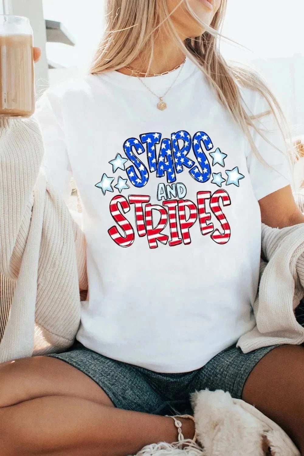 Stars and Stripes Round Neck Short Sleeve T Shirt - Trendsi - Flyclothing LLC