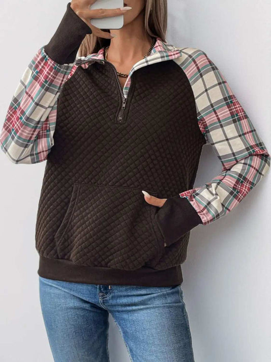 Perfee Plaid Half Zip Long Sleeve Sweatshirt - Trendsi - Flyclothing LLC