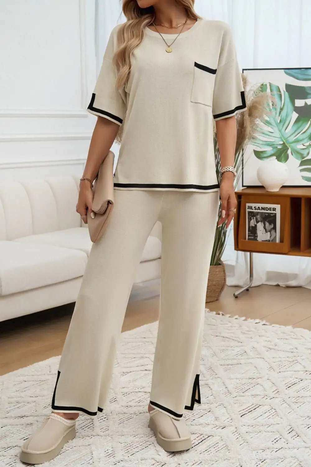 Devine Contrast Trim Half Sleeve Top and Pants Set - Trendsi - Flyclothing LLC