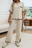 Devine Contrast Trim Half Sleeve Top and Pants Set - Trendsi - Flyclothing LLC