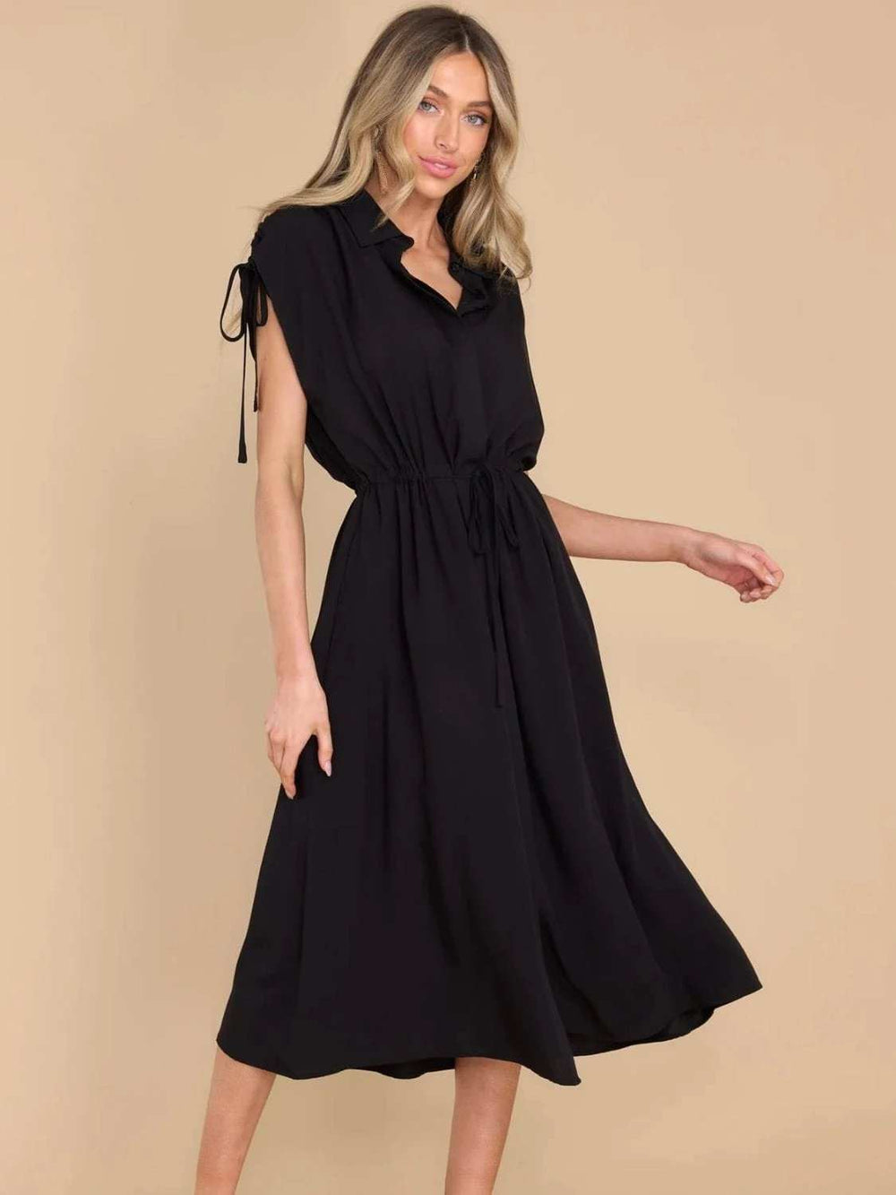 Drawstring Collared Neck Short Sleeve Midi Dress - Trendsi - Flyclothing LLC