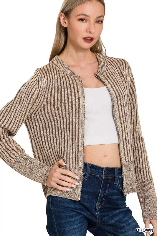 Zenana Ribbed Two Tone Zip Up Sweater Cardigan - Trendsi - Flyclothing LLC