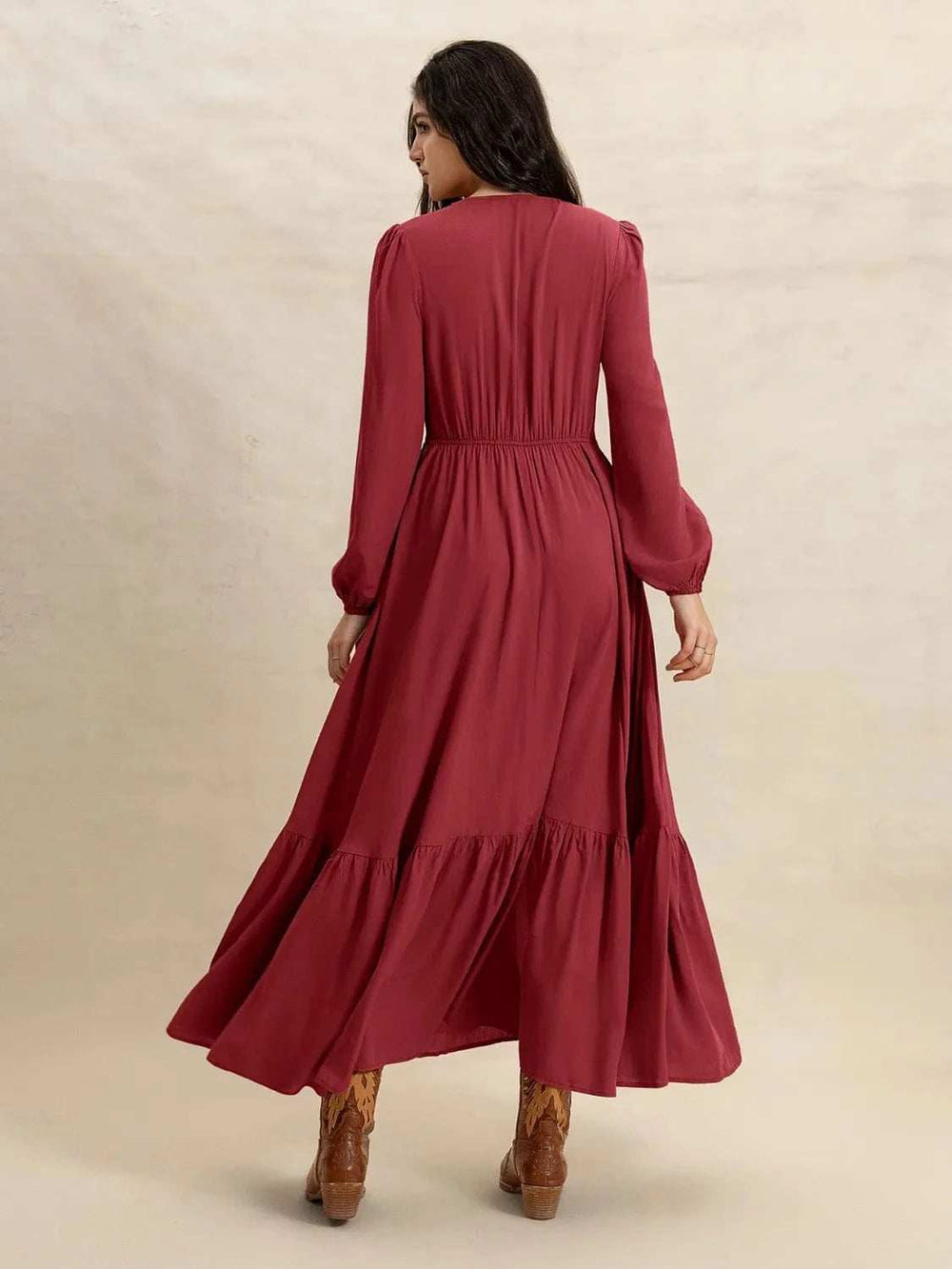 V-Neck Balloon Sleeve Ruffled Hem Maxi Dress - Trendsi - Flyclothing LLC
