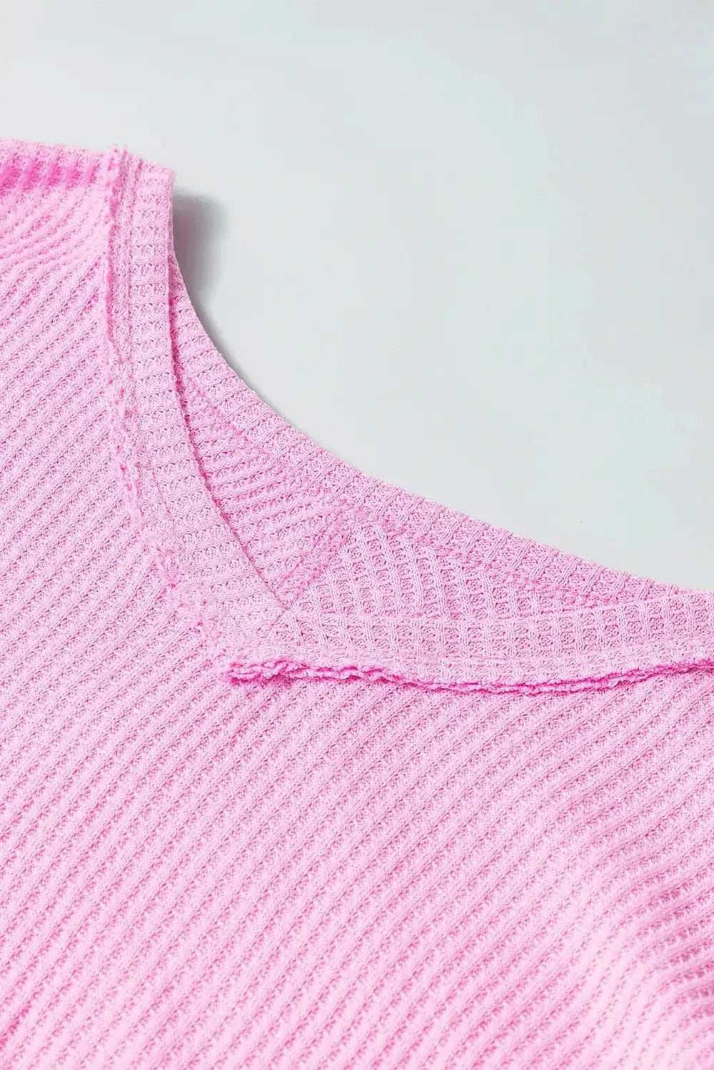 Waffle-Knit V-Neck Long Sleeve Blouse - Trendsi - Flyclothing LLC