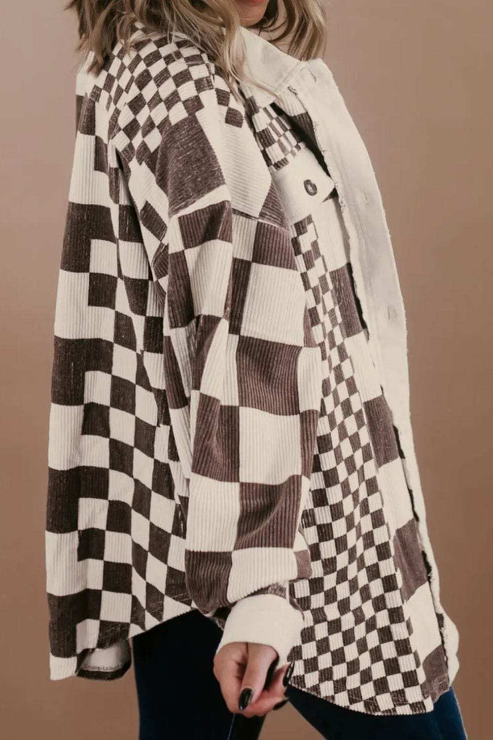Plus Size Checkered Button Up Long Sleeve Jacket - Trendsi - Flyclothing LLC