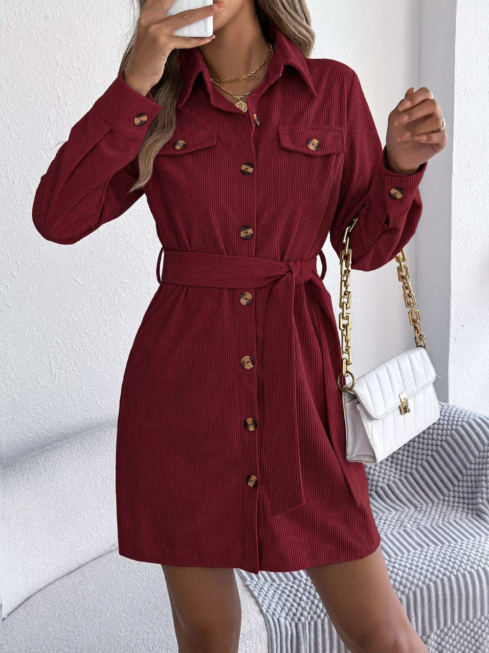 Button-Front Corduroy Shirt Dress - Trendsi - Flyclothing LLC