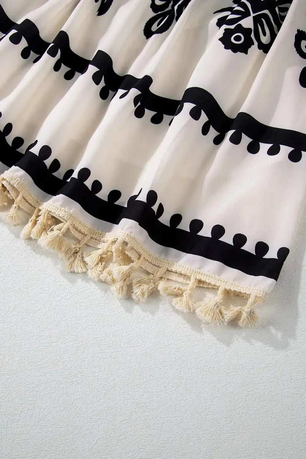 Tassel Printed Three-Quarter Sleeve Mini Dress - Trendsi - Flyclothing LLC