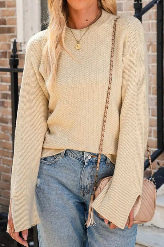 Textured Round Neck Long Sleeve Sweater - Trendsi - Flyclothing LLC