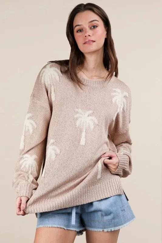 VERY J Palm Tree Graphic Oversized Knit Sweater - Trendsi - Flyclothing LLC