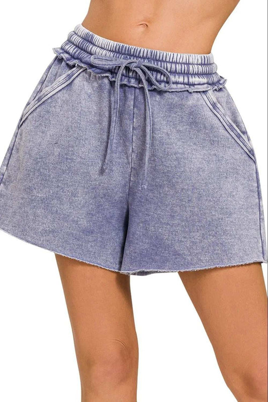 Zenana Acid Wash Fleece Drawstring Shorts With Pockets - Trendsi - Flyclothing LLC