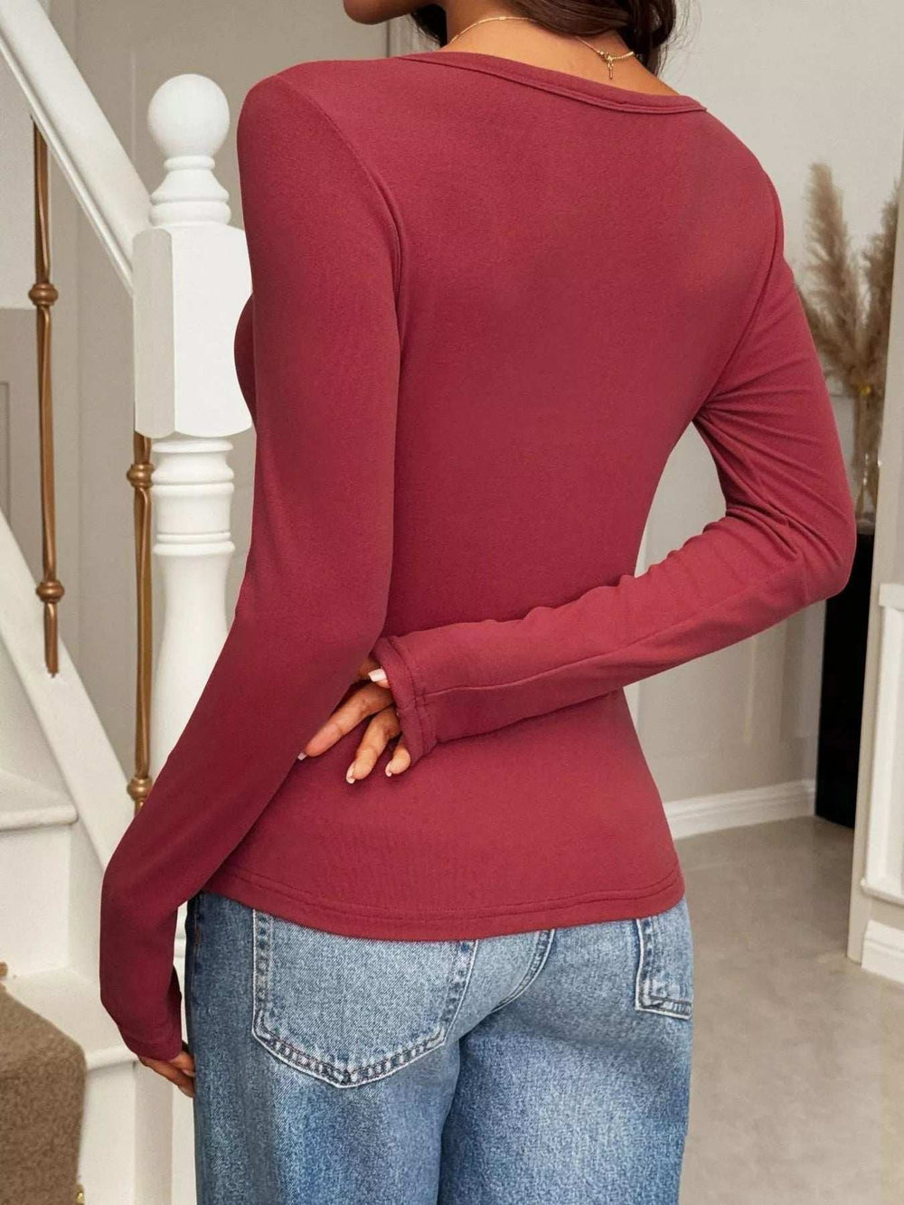 Button-Front Long Sleeve Knit Top - Trendsi - Flyclothing LLC