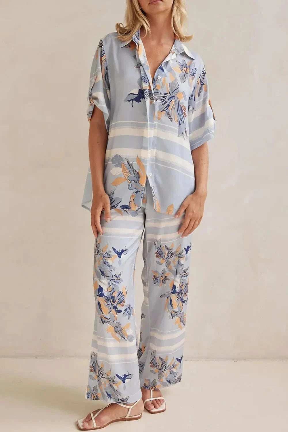 Printed Button Up Shirt and Pants Set - Trendsi - Flyclothing LLC