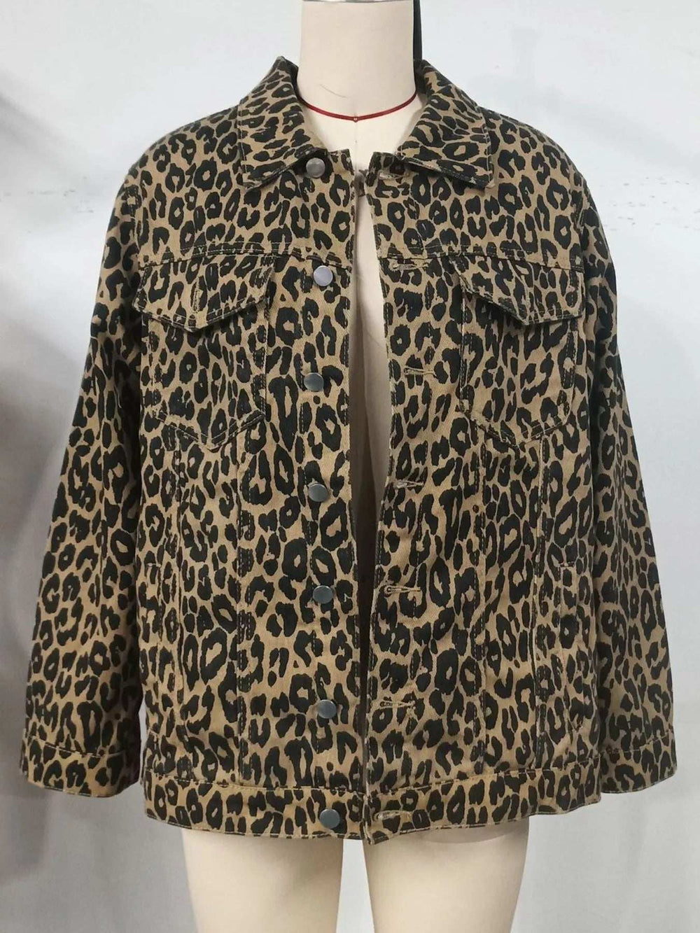 Leopard Button Up Long Sleeve Denim Jacket - Trendsi - Flyclothing LLC