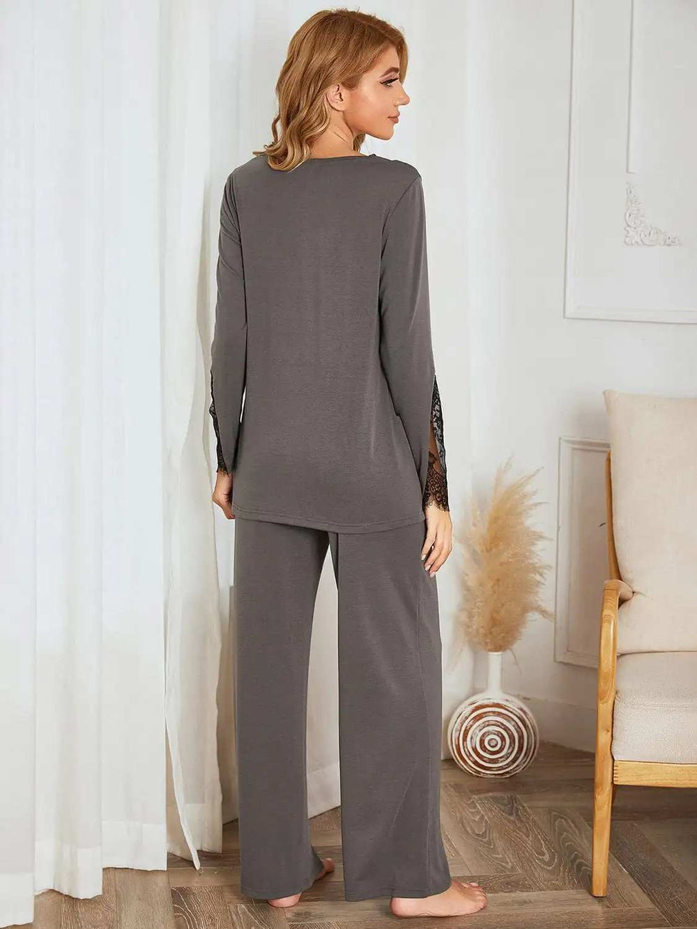 Lace Detail Long Sleeve Top and Pants Lounge Set - Trendsi - Flyclothing LLC