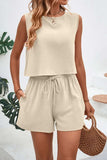 Round Neck Top and Drawstring Shorts Set - Trendsi - Flyclothing LLC