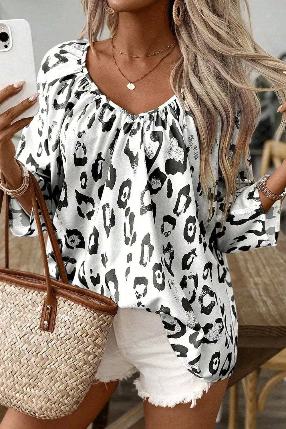 Leopard V-Neck Three-Quarter Sleeve Blouse - Trendsi - Flyclothing LLC