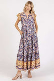 Mittoshop Floral Ruffled Notched Cap Sleeve Maxi Dress - Trendsi - Flyclothing LLC