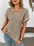 Striped Notched Short Sleeve T-Shirt - Trendsi - Flyclothing LLC
