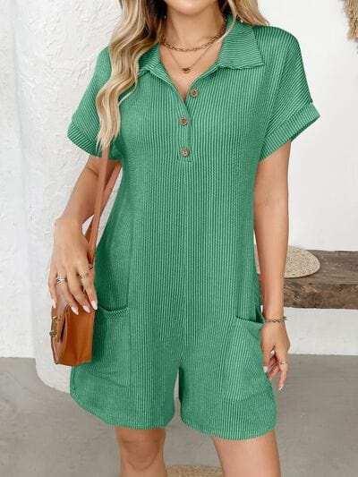 Button Detail Collared Neck Short Sleeve Romper - Trendsi - Flyclothing LLC