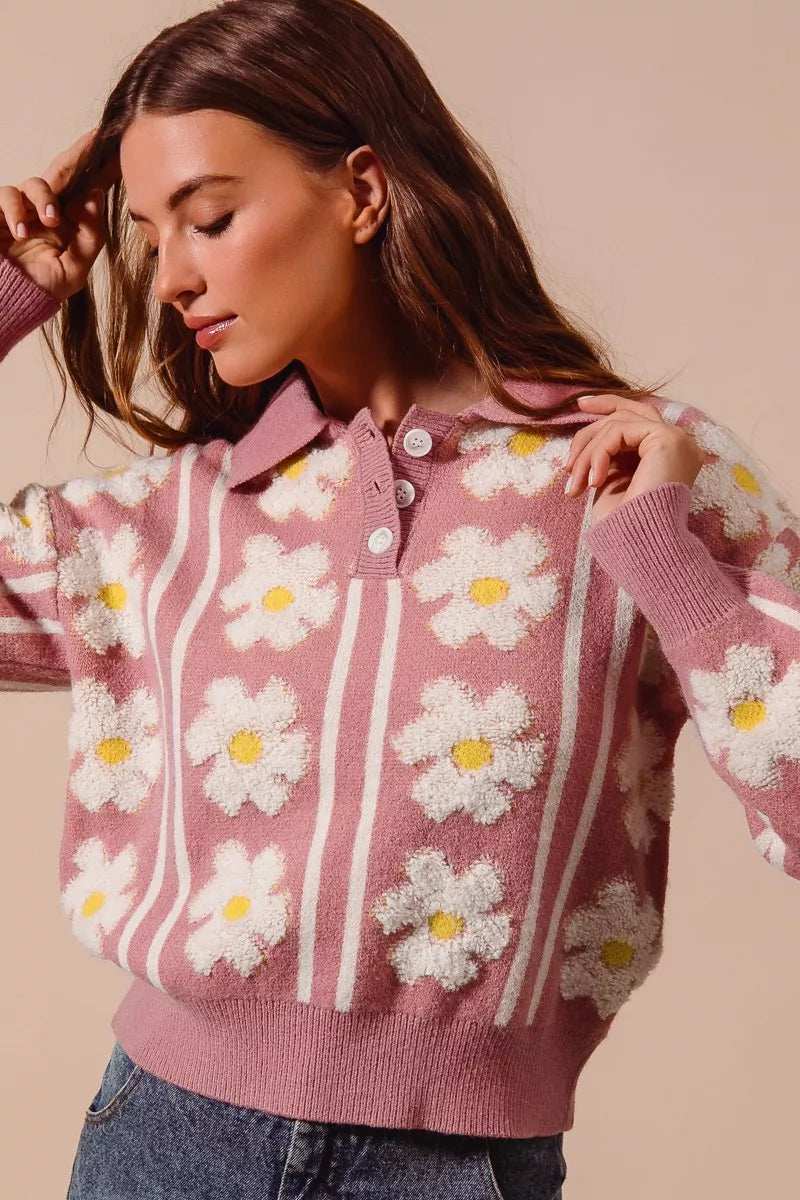SO ME Floral Stripe Polo Collar Sweater - Trendsi - Flyclothing LLC