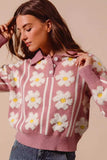 SO ME Floral Stripe Polo Collar Sweater - Trendsi - Flyclothing LLC