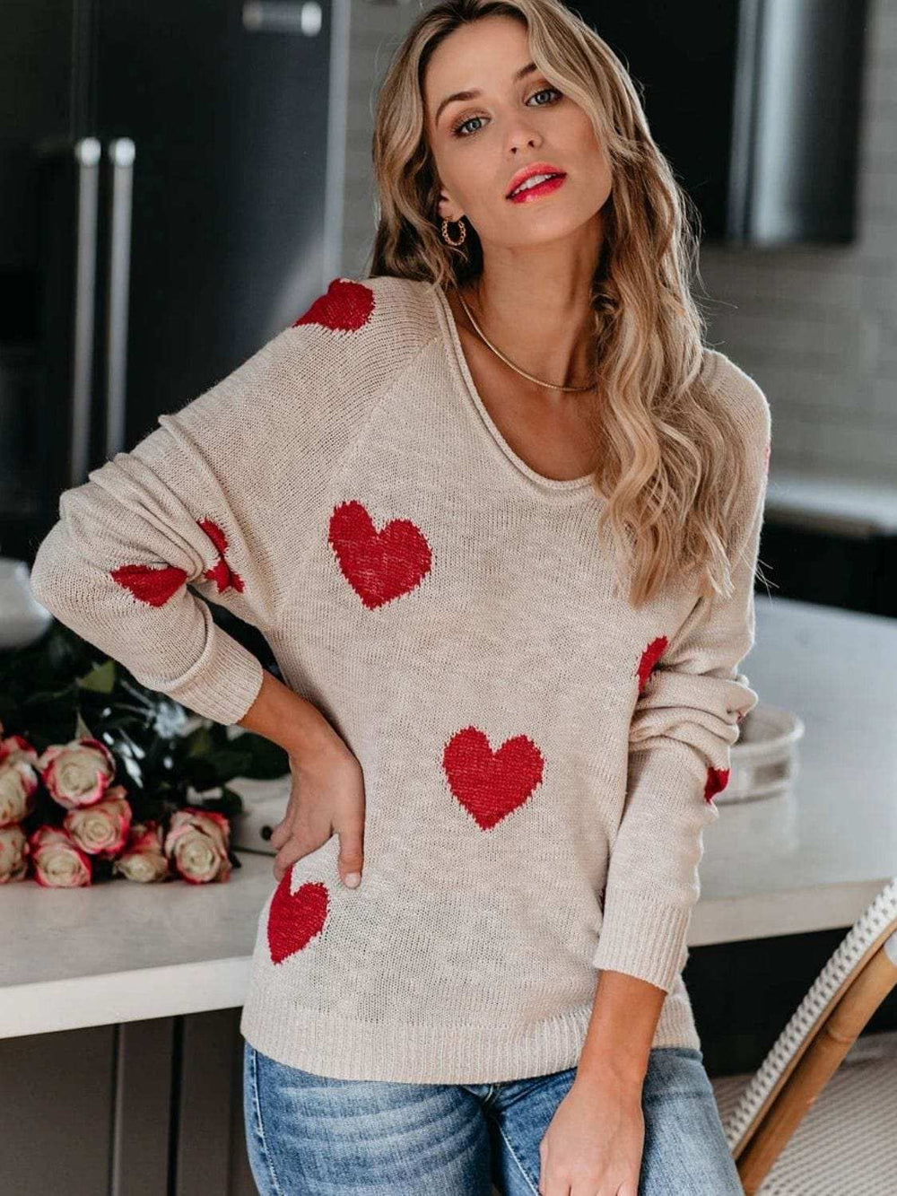 Heart Scoop Neck Long Sleeve Sweater - Trendsi - Flyclothing LLC