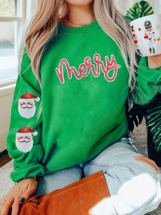 Sequin Letter Graphic Father Christmas Patched Sleeve Drop Shoulder Sweatshirt - Trendsi - Flyclothing LLC