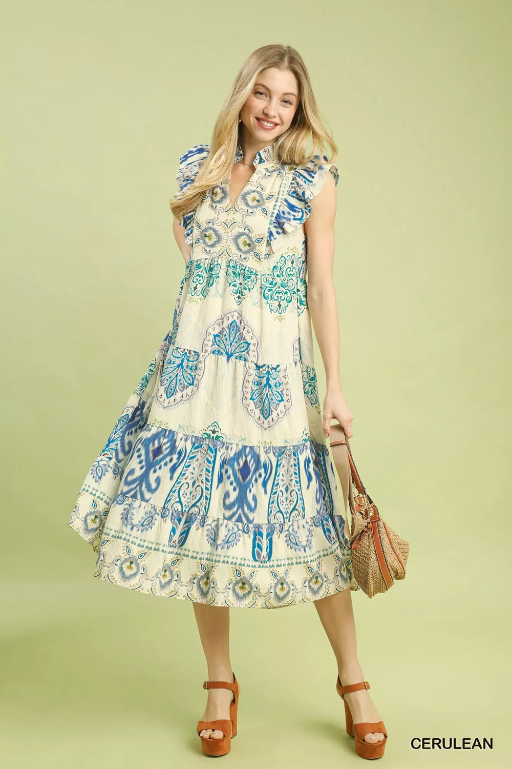 Umgee Boho Boarder Print Ruffle Midi Dress - Trendsi - Flyclothing LLC