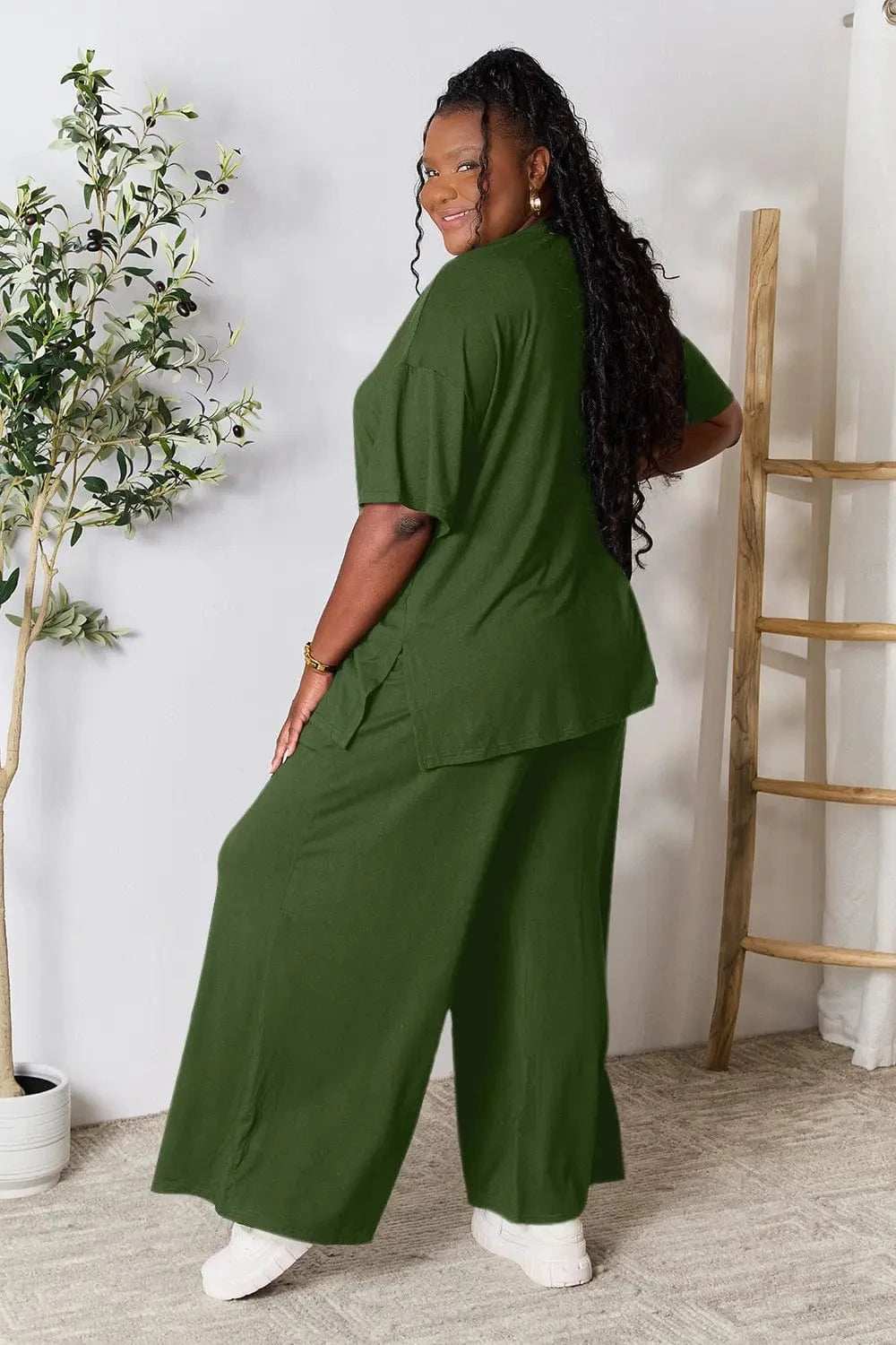 Double Take Full Size Round Neck Slit Top and Pants Set - Trendsi - Flyclothing LLC