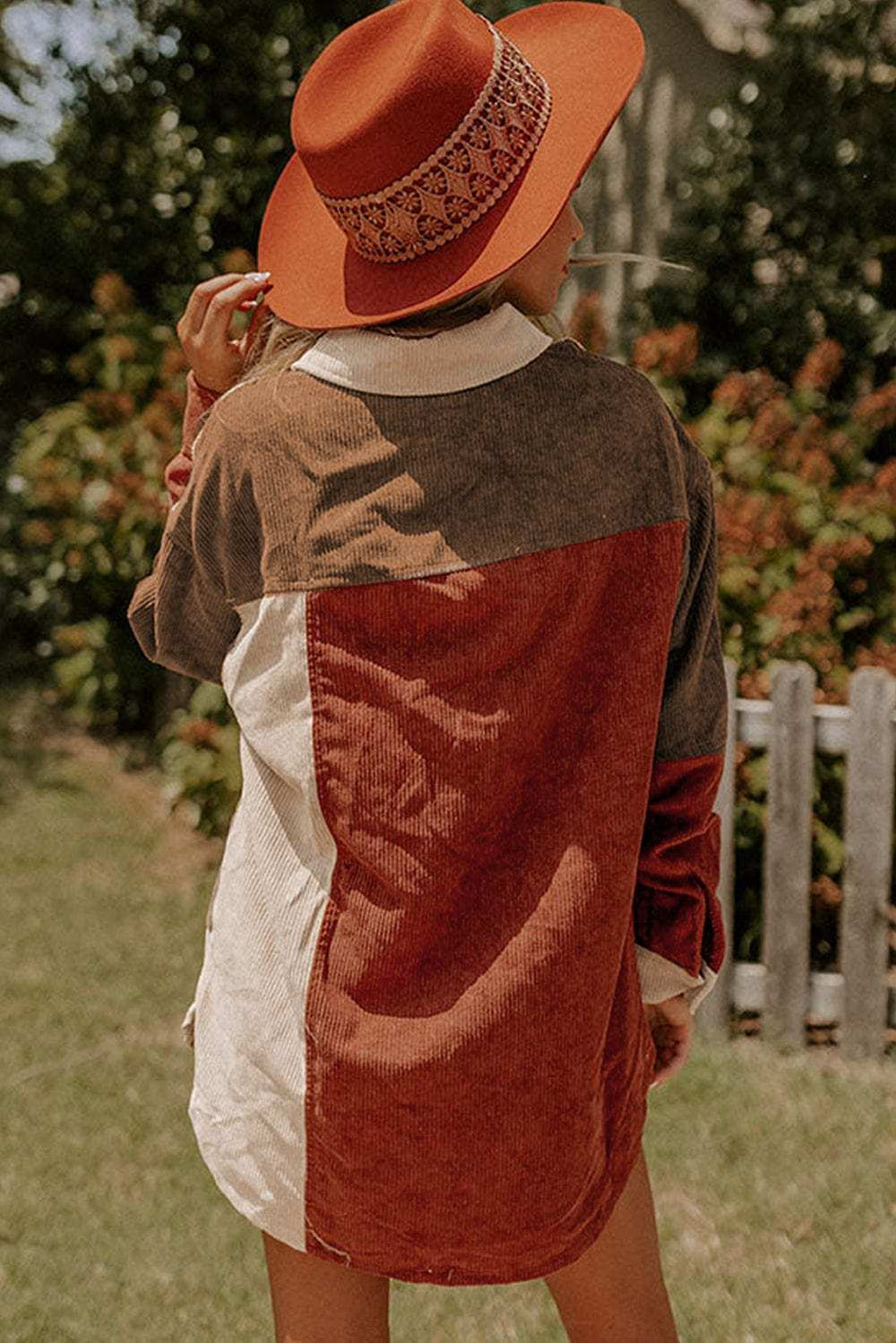 Color Block Curved Hem Corduroy Shacket with Pocket - Trendsi - Flyclothing LLC