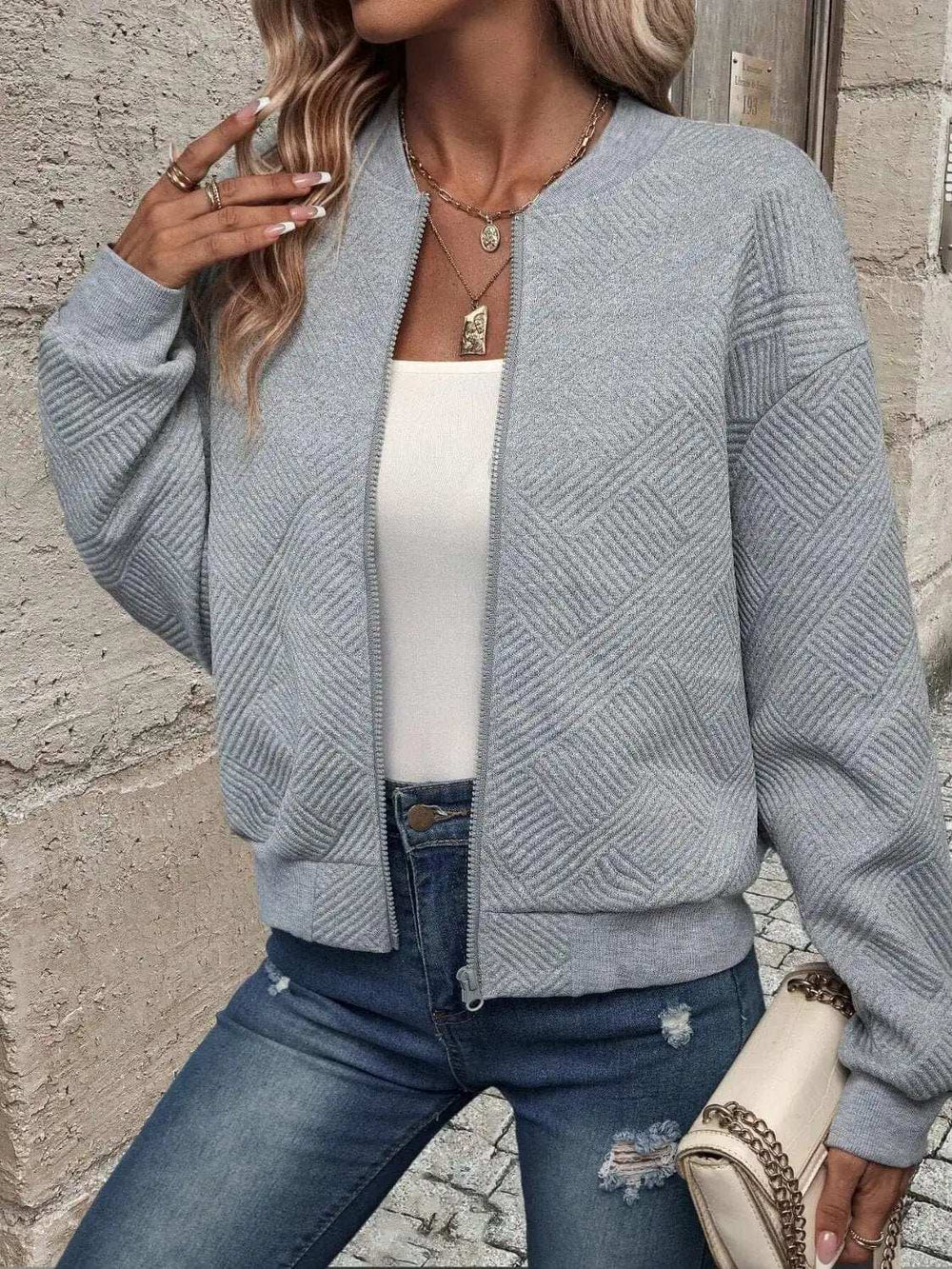 Textured Zip Up Long Sleeve Jacket - Trendsi - Flyclothing LLC