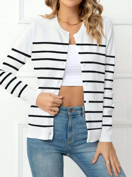 Striped Round Neck Button Up Cardigan - Trendsi - Flyclothing LLC