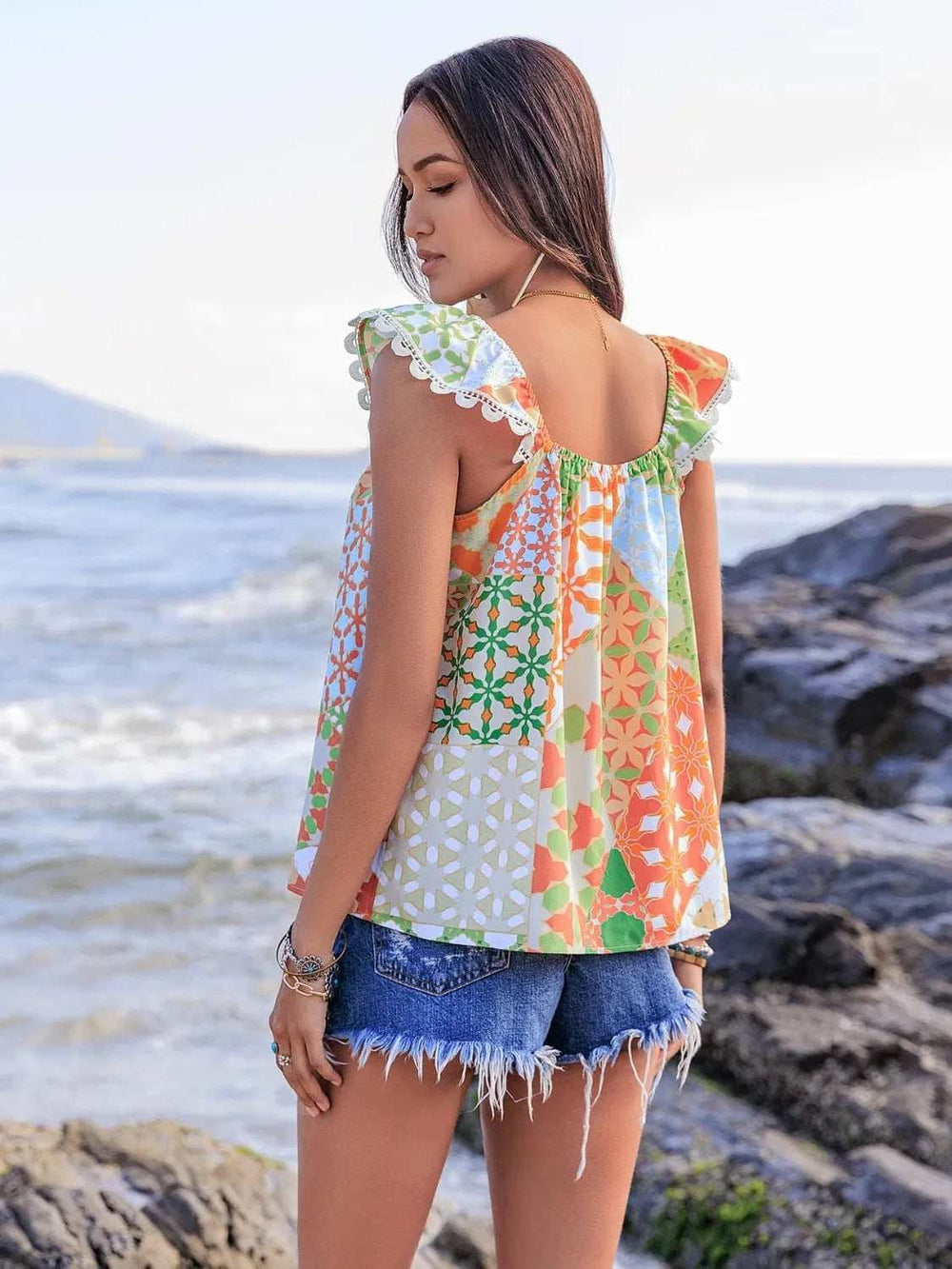 Lace Detail Printed Tie Neck Cap Sleeve Blouse - Trendsi - Flyclothing LLC